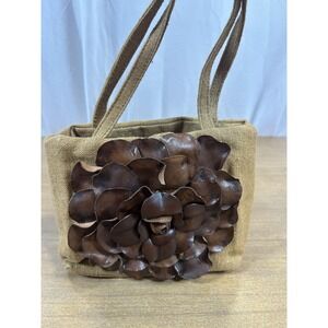 Paolo Masi Tote Bag Womens Mini Brown Canvas Leather Flower Applique Purse Italy